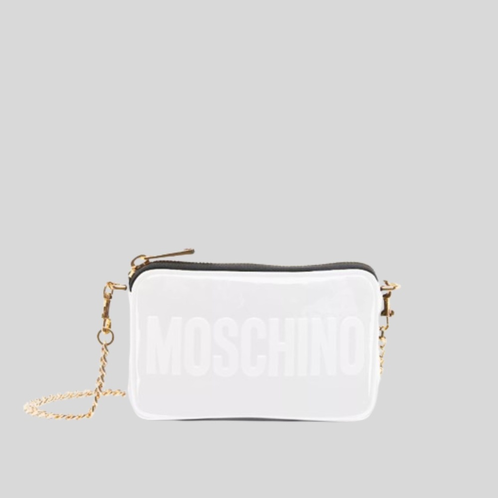 MOSCHINO Patent Leather Logo Shoulder Bag White